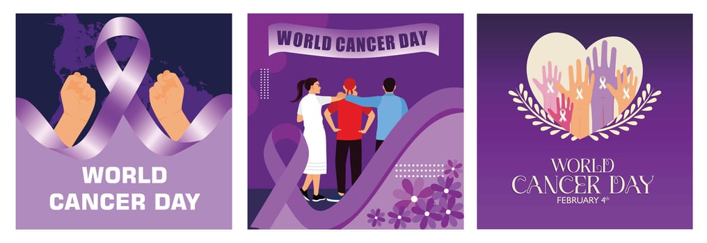 World Cancer Day Awareness banners featuring purple ribbons and supportive community. vector