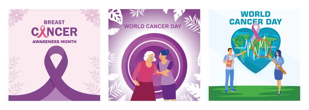 Promotional illustrations for World Cancer and Breast Cancer Awareness campaigns. vector