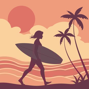 A woman walking with a surfboard on a beach at sunset vector