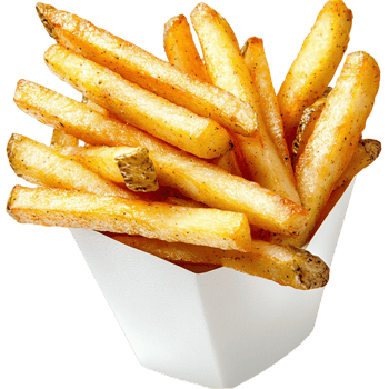 golden french fries served in a white paper containeres png