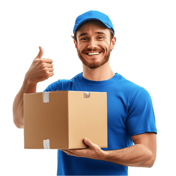 Smiling delivery man holding a package giving a thumbs up png
