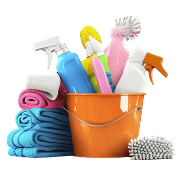 Bucket filled colorful cleaning supplies including brushes spray bottles png