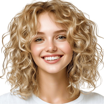 Smiling woman voluminous curly blonde hair blue eyes png