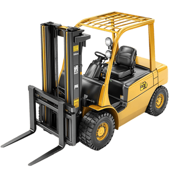 Industrial yellow forklift black wheels metal lifting arms png
