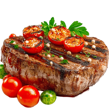 Grilled steak topped roasted cherry tomatoes herbs png