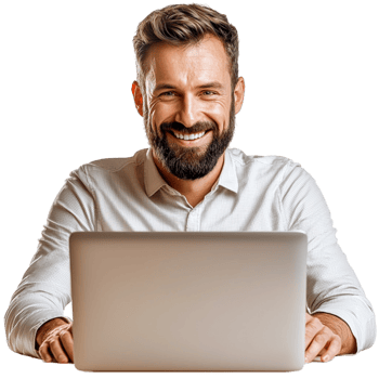 Smiling man working on a laptop in a cheerful mood png