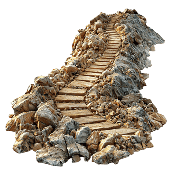 Wooden footbridge built over rocky terrain in a natural setting png