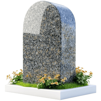 Gray granite tombstone on a grasscovered platform flowers png