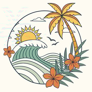 Tropical palm tree and flowers in a circle vector