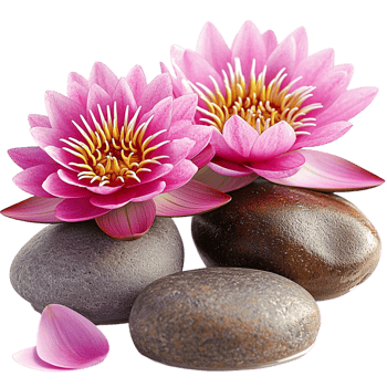 Pink lotus flowers resting on pebbles in a serene setup png
