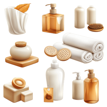 Luxurious spa bath essentials arranged neatly wooden elements png