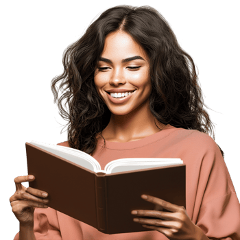 Happy young woman smiling while reading an open book png