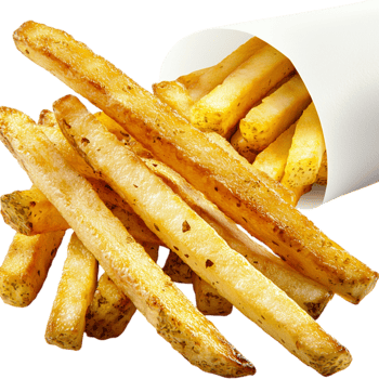 golden French fries served in a paper cone png