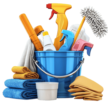 Collection of cleaning supplies arranged in a blue bucket png