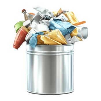 Overflowing metal trash bin filled recyclable cans paper png
