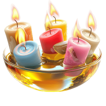 Floating cles in a glass bowl golden oil warm glow png