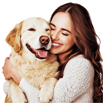 Happy woman hugging a golden retriever a joyful expression png