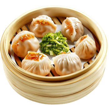 Traditional bamboo steamer filled ly steamed dumplings garnished herbs png