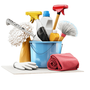 Collection of household cleaning supplies in a blue bucket brushes spray bottles png