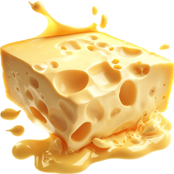 Melting block of Swiss cheese golden oozing from the holes png