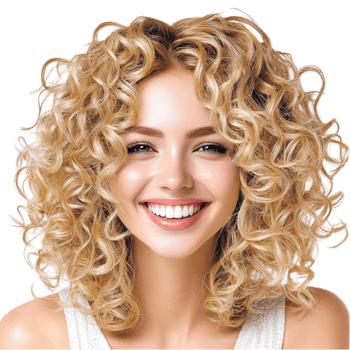 Smiling woman voluminous curly blonde hair expressive eyes png