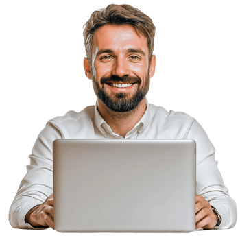 Smiling man using a laptop on a white png
