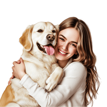 Happy woman embracing a golden retriever pure joy affection png