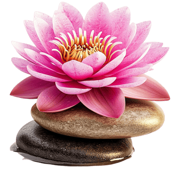 Beautiful pink lotus flower resting on stacked stones png