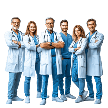 Group of medical doctors sting together in white lab coats png