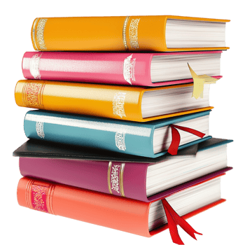 Neatly stacked colorful books bookmarks ribbons png