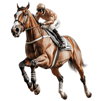 Jockey riding a galloping brown horse in full motion png
