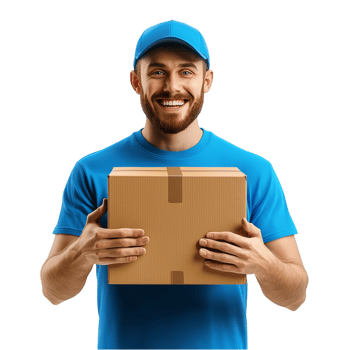 Delivery man in a blue uniform holding a cardboard box png