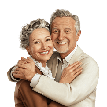 Elderly couple smiling warmly while embracing each other png