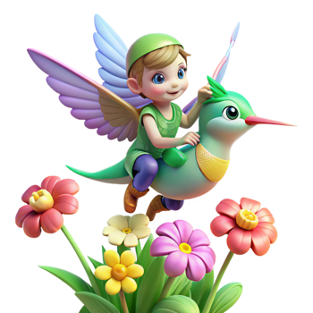 dramatic traditional A Playful Pixie Riding a Hummingbird Throug original png