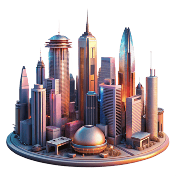 vibrant contemporary A Futuristic Cityscape at Sunset Towering professional png