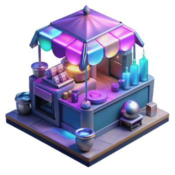 elegant classic Cyberpunk Street Market Holographic Vendors 4K png