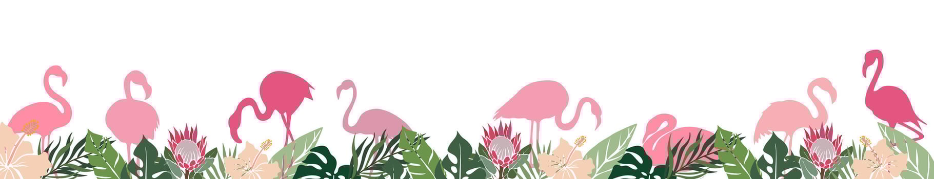 Summer border with pink flamingo and exotic leaves vector