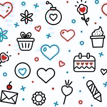Cute hand-drawn seamless pattern with hearts, flowers, gifts, and more. vector