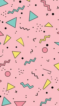 Seamless Memphis pattern with abstract geometric shapes on a pink background. vector