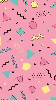Seamless Memphis pattern with abstract geometric shapes in pastel colors on a pink background. vector