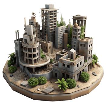 dramatic contemporary Post Apocalyptic Cityscape with Ruined Bui authentic png