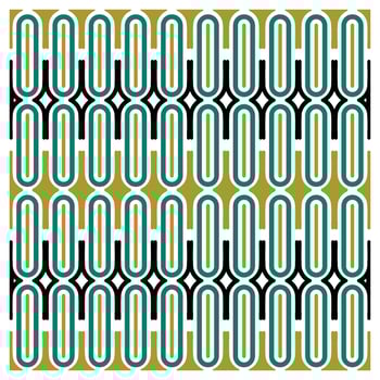 A geometric pattern featuring interlocking shapes in green, black, gold, and white, creating a modern, retro visual effect. vector