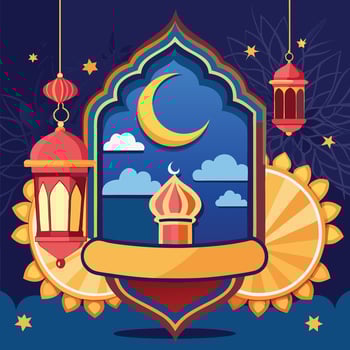 Festive Islamic illustration with crescent moon, mosque dome, and hanging lanterns. vector