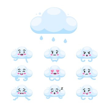 Cloud character poses and emotions set, weather, ecology and cloud technology mascot in cartoon kawaii style vector