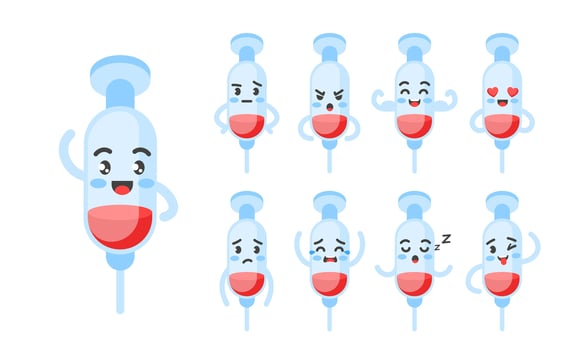 Syringe funny character set of poses and emotions, mascot symbol of medicine, treatment, vaccination vector