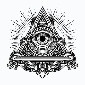 Illustration hand drawn All-Seeing Eye in Ornate Triangle with Cosmic Rays. vector
