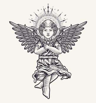 Cupid Angel with Halo and Dual Pistols in Vintage Engraving Style vector