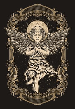 vintage style illustration of an angel holding pistols, surrounded by gothic details with engraving ornament style vector