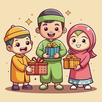 three muslim children holding gift boxes vector