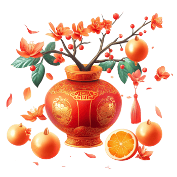 Chinese New Year Decoration with Red Lanterns and Flowers png